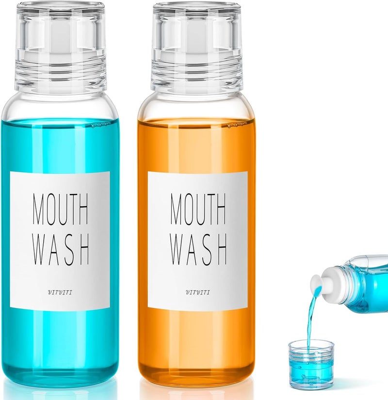 VITVITI Glass Mouthwash Dispenser for Bathroom, 10 OZ Mouth Wash Container Bottle with Lid Cup, Countertop Small Clear Refillable Mouthwash Dispensers Decanter, Set of 2 (White) - Image 1